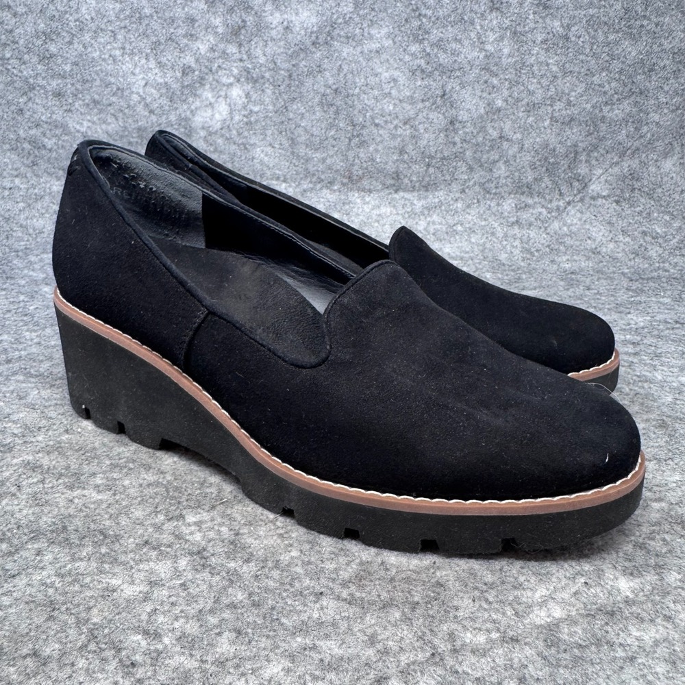 Vionic Black Suede Wedge Loafers with Brown Trim